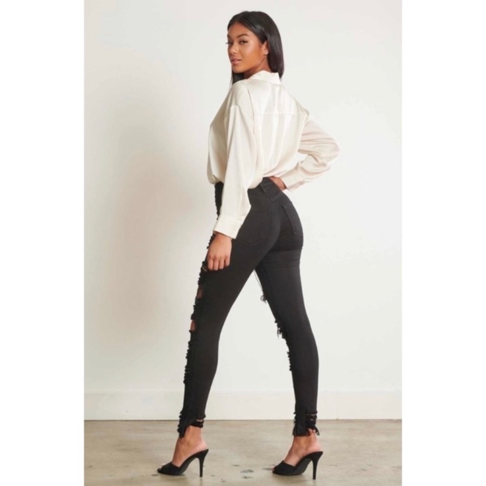 Black Rose Gold Button Up Distressed Skinny Jeans - Picture 3 of 8
